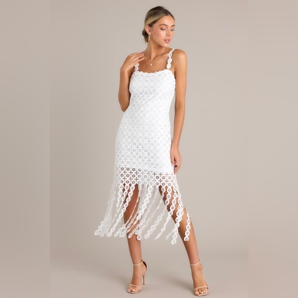 New York & Company Just Me Square Neck Circle Lace White Fringe Dress - Picture 11 of 15